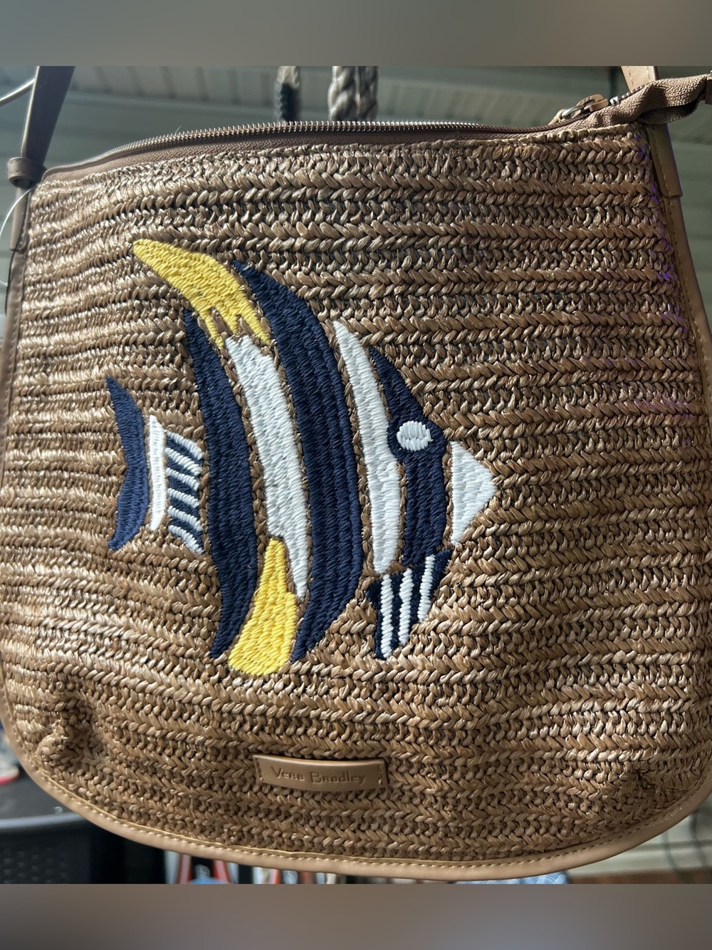 Vera Bradley Navy, Yellow & White Fish Embroidered Straw Tote